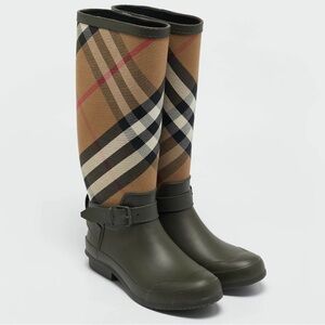 Burberry Check Pattern Olive Rain Boots